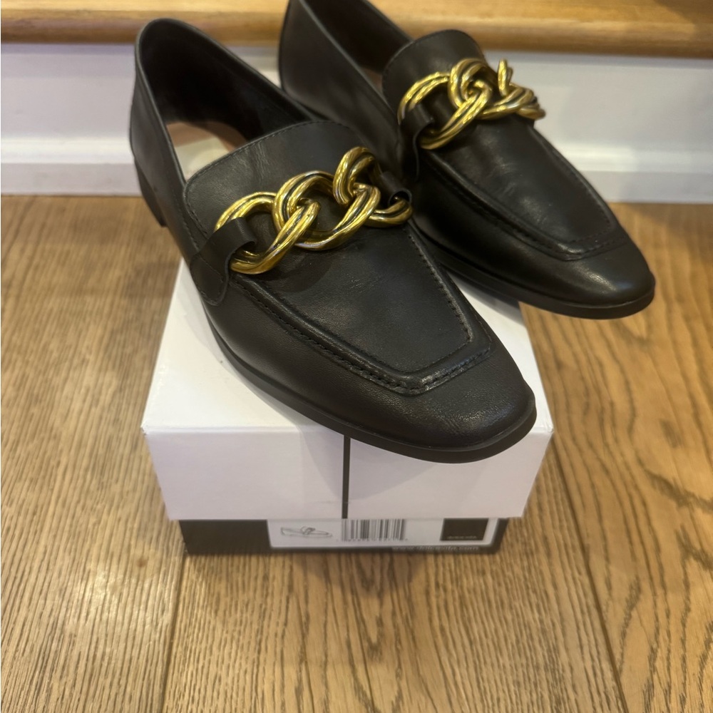 Black Leather Loafers with Gold Chain